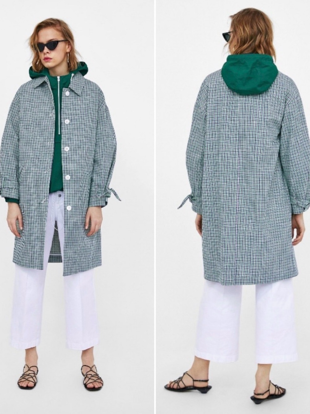 Zara Green Plaid Bow Cuff Coat Sz S Preppy Like New